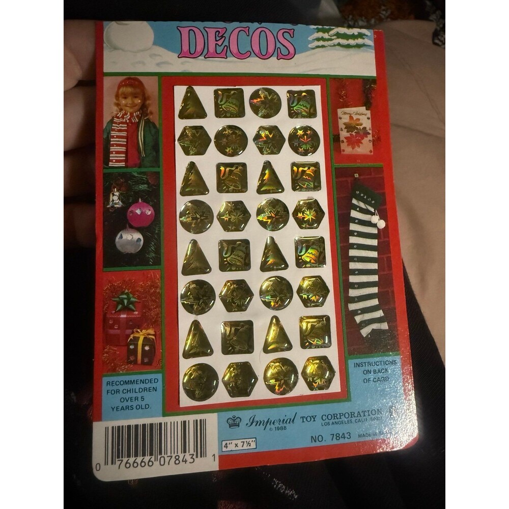 Vintage 1980s Christmas Holographic Stick-On Decos Sticker Sheet Taiwan NOS RARE